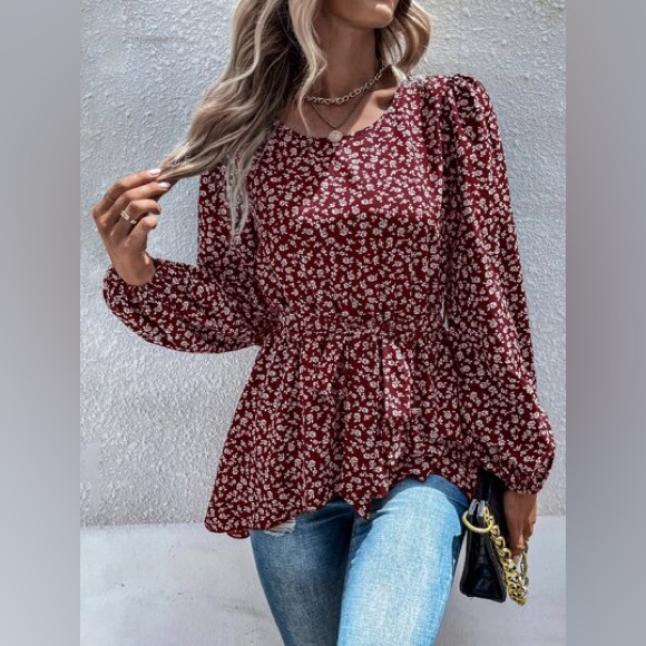 Bloomchic Brick Red Burgundy Floral High Low Belted Peplum Casual Top Blouse 12 - Picture 1 of 10